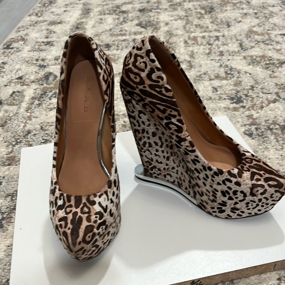 LAMB leopard print, high wedge; size 8